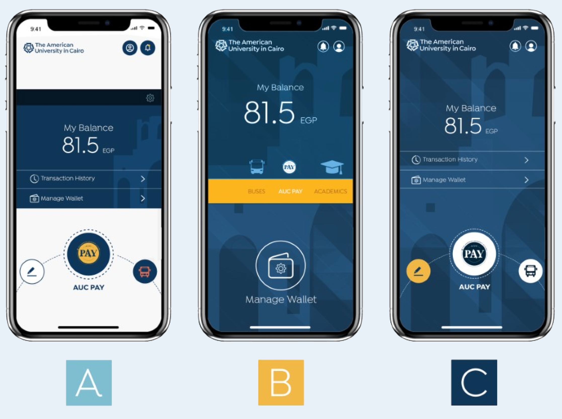 Three home screen designs, labelled A, B and C, each showing an AUC Pay balance with shortcuts to transaction history and wallet management.