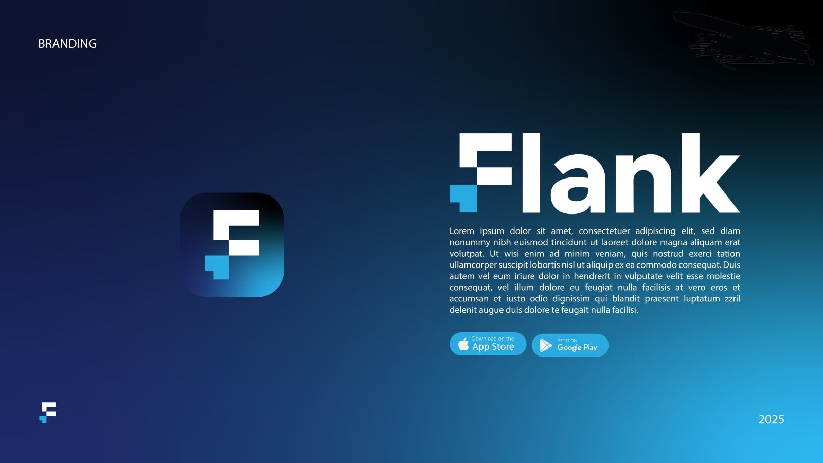 The Flank app icon, a white F with a light blue corner on a navy to blue gradient, next to the wordmark.