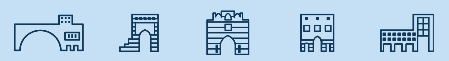 Five line icons of AUC campus buildings: an arched bridge building, a stair and arch, a gated facade, a windowed hall and a modern block.