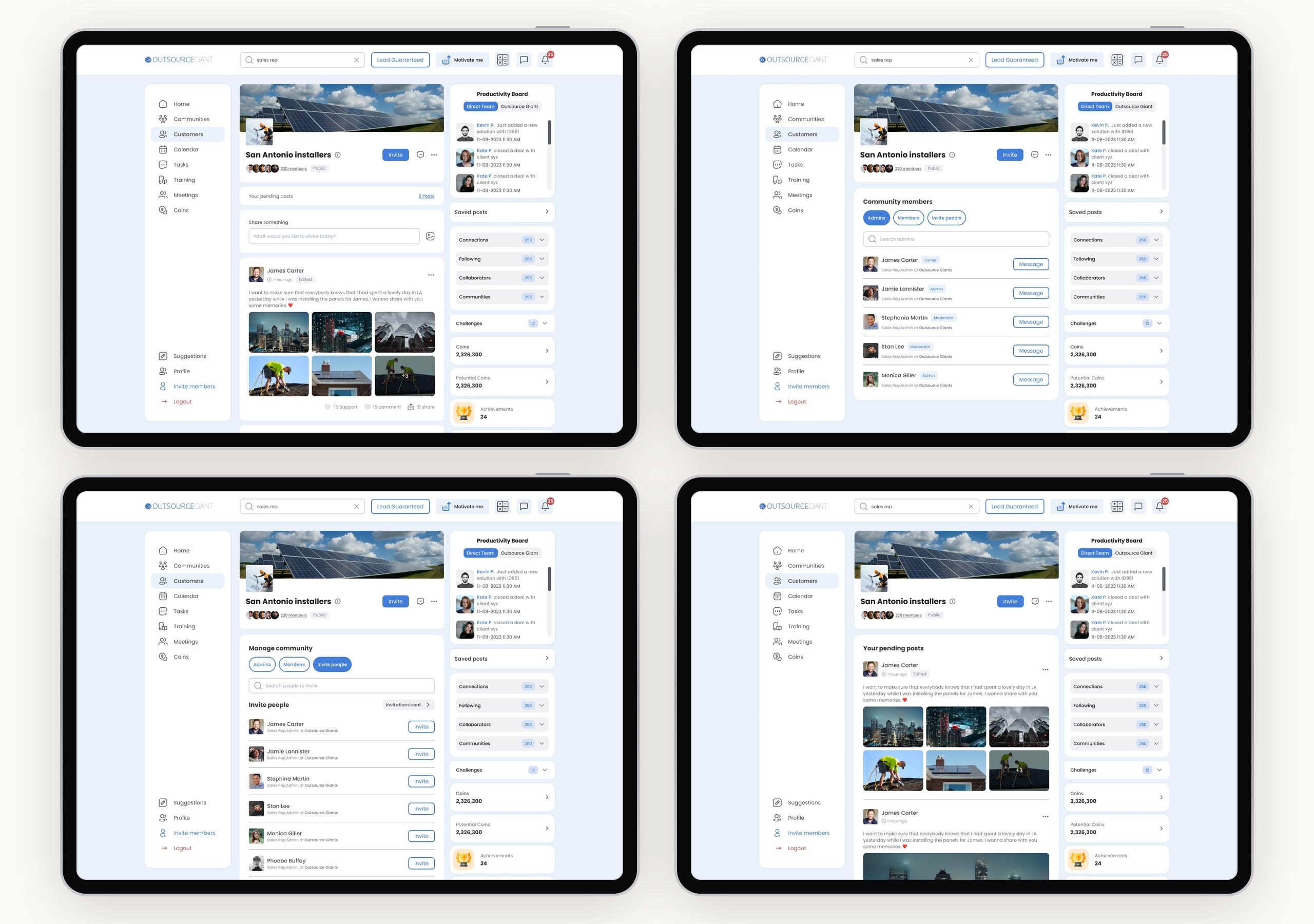 Four desktop community screens in tablet frames: the San Antonio installers community feed with photo posts and a productivity board, the community members list, inviting people, and the rep's pending posts.