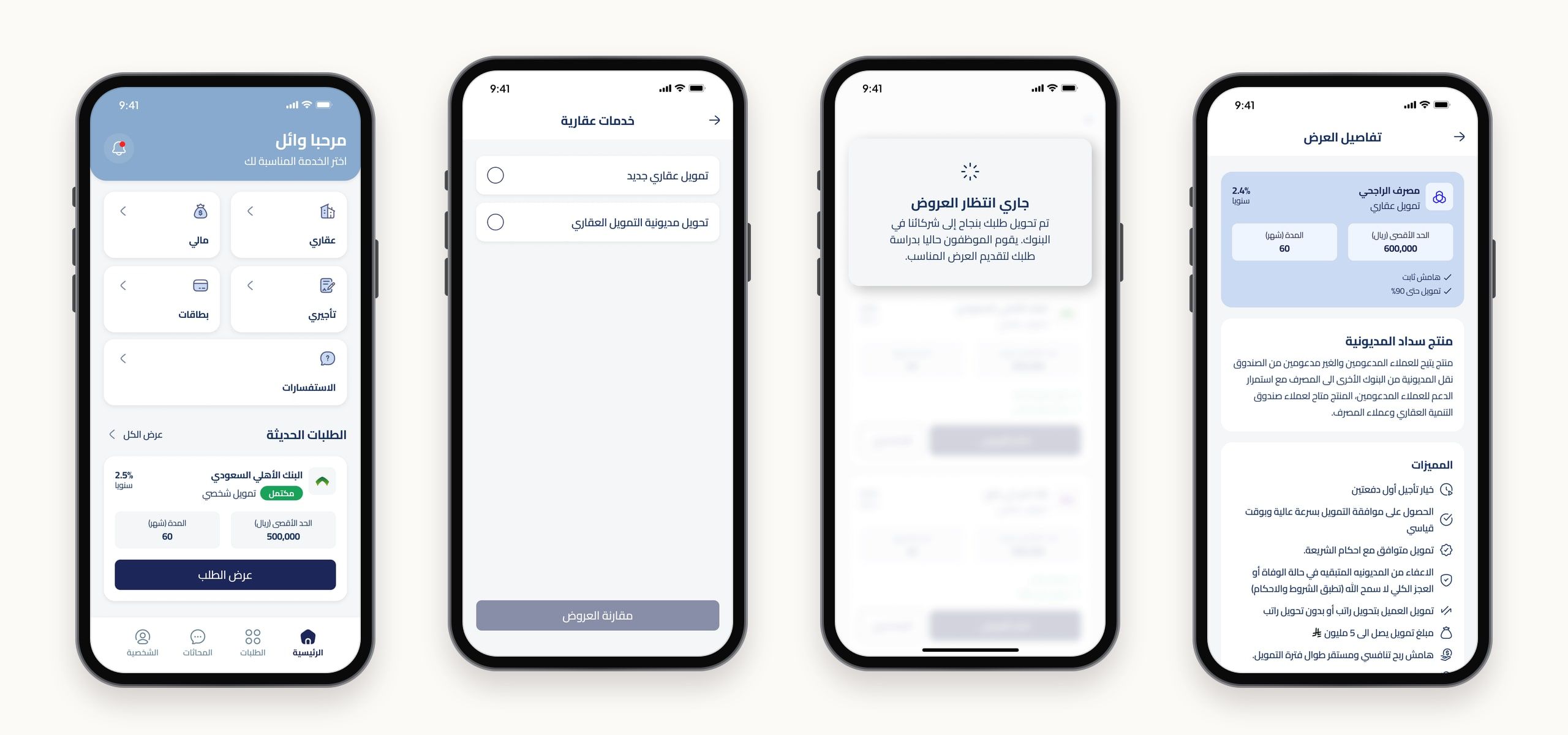 Four screens in Arabic: the home screen with financing services and recent requests, choosing a mortgage service, waiting while banks prepare offers, and a mortgage offer's details from Al Rajhi Bank.