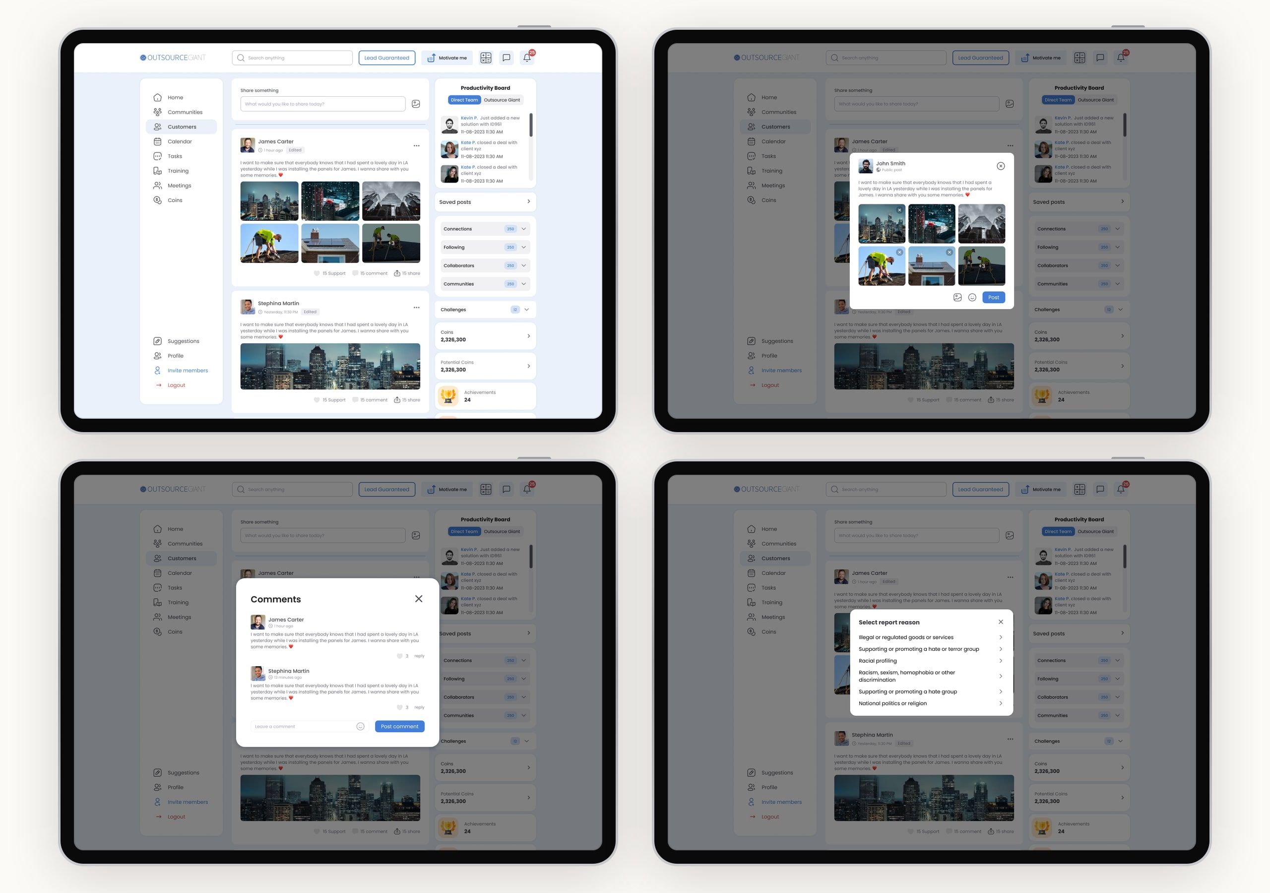 Four desktop feed screens in tablet frames: the home feed with photo posts, writing a post with photos, the comments dialog, and choosing a reason to report a post.