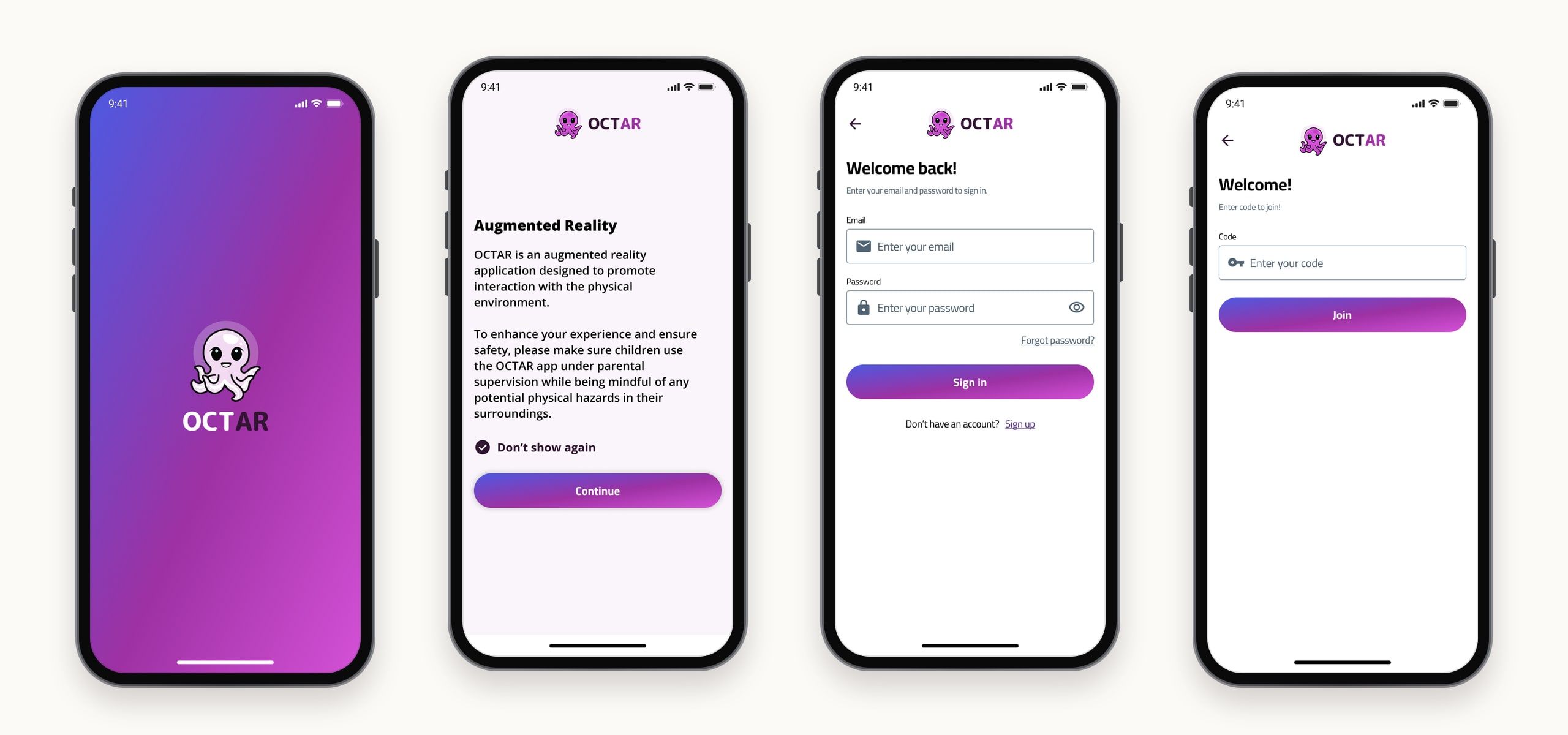 Four OCTAR screens: the purple splash screen with the octopus logo, the augmented reality safety notice, sign in with email and password, and join with a code.