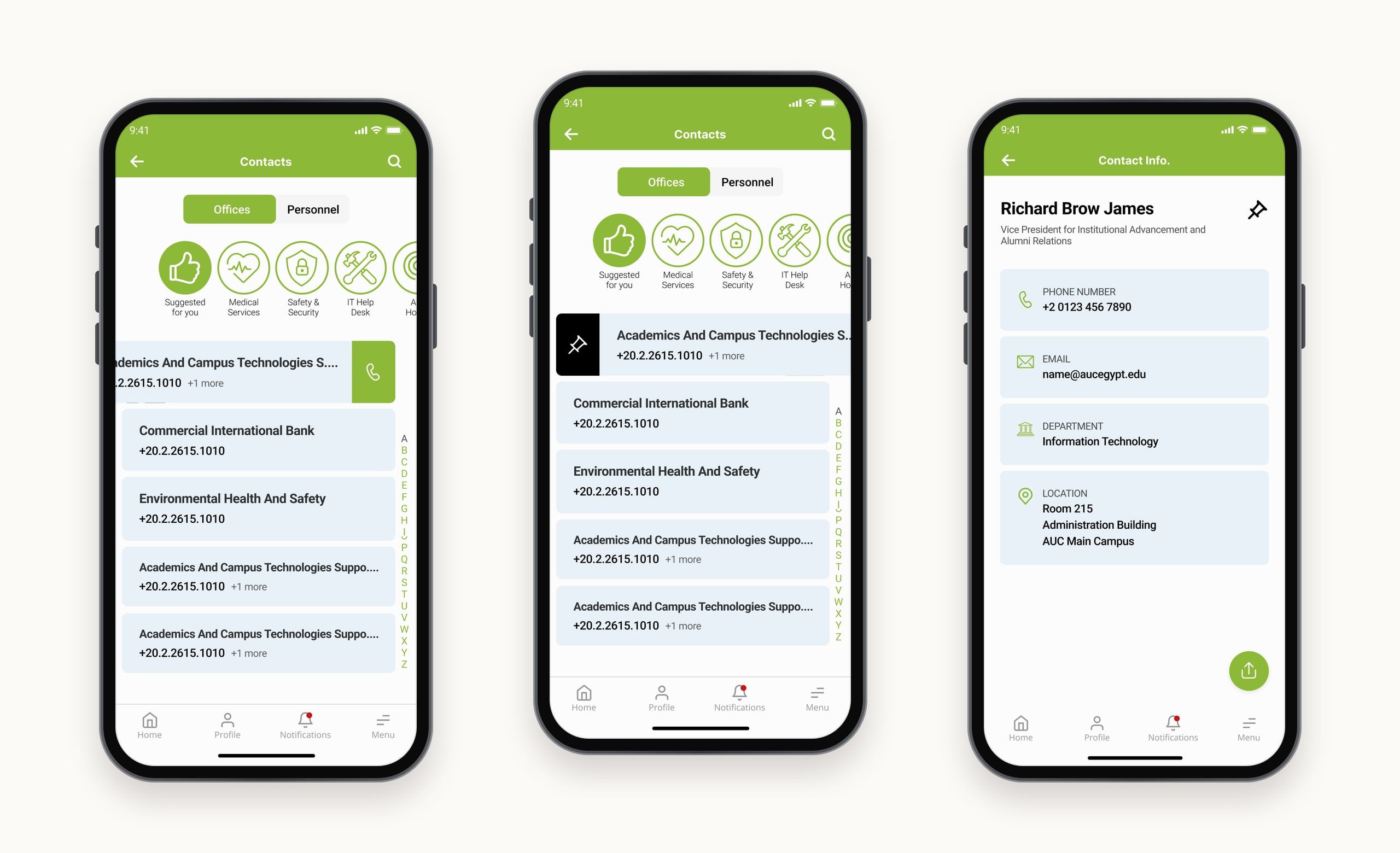 Contacts screens: campus offices by category with swipe actions to call or pin, and a contact's details.