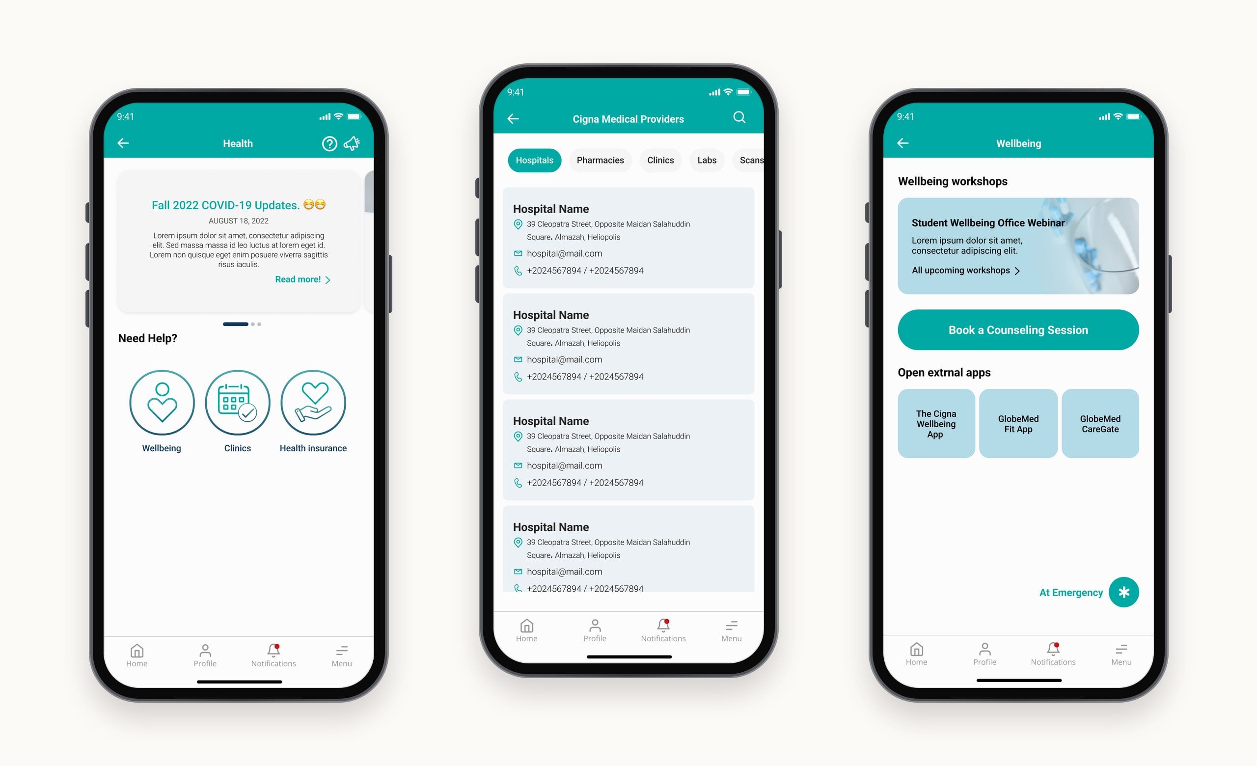 Health screens: the health home with announcements and quick help, medical insurance providers, and wellbeing workshops.