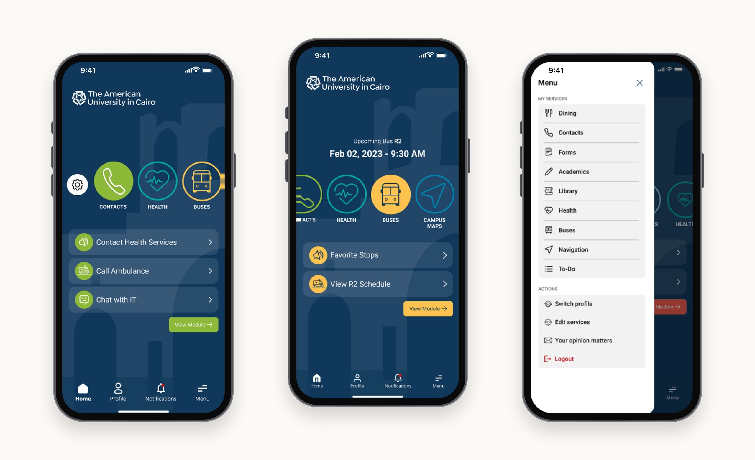 The MyAUC home screen with contacts, health and buses shortcuts and quick actions, a home screen showing the next bus, and the side menu listing every service and account action.