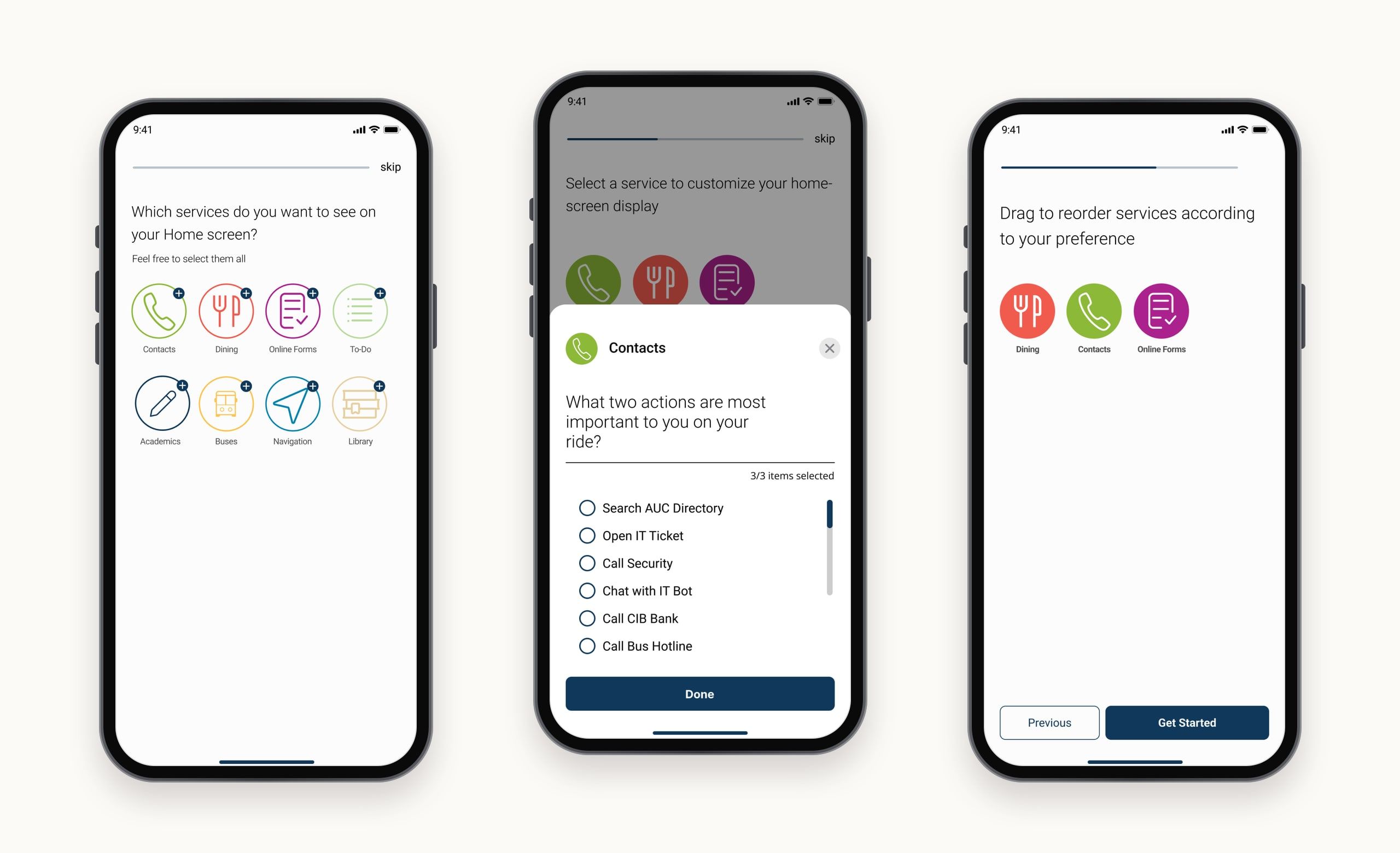 Three onboarding screens: choosing which services to show on the home screen, picking the two most important actions for a service, and dragging services to reorder them.