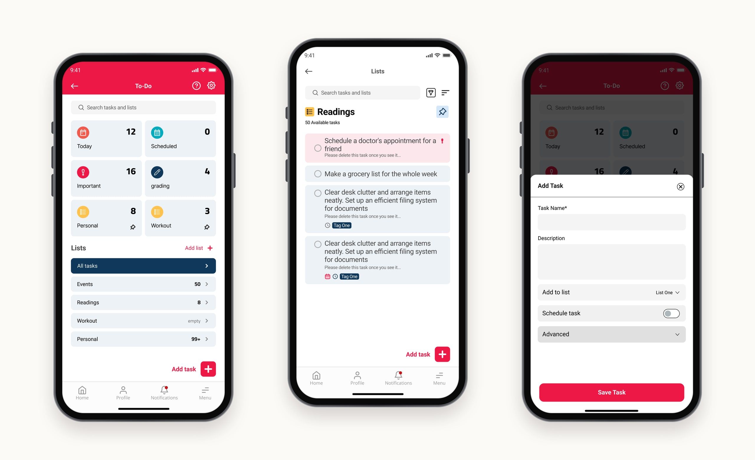 To-do screens: the to-do home with smart lists like today, scheduled and important, a Readings list with an important task and tagged tasks, and the Add Task sheet with name, description, list, scheduling and advanced options.