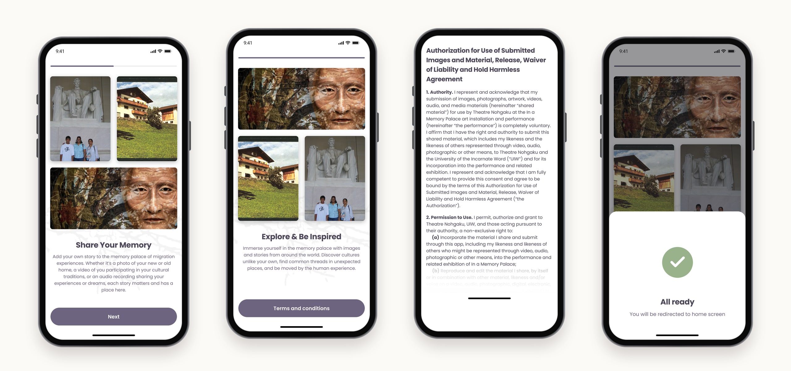 Four onboarding screens: Share Your Memory with family photos and production artwork, Explore & Be Inspired, the authorization and release agreement, and an All ready confirmation.