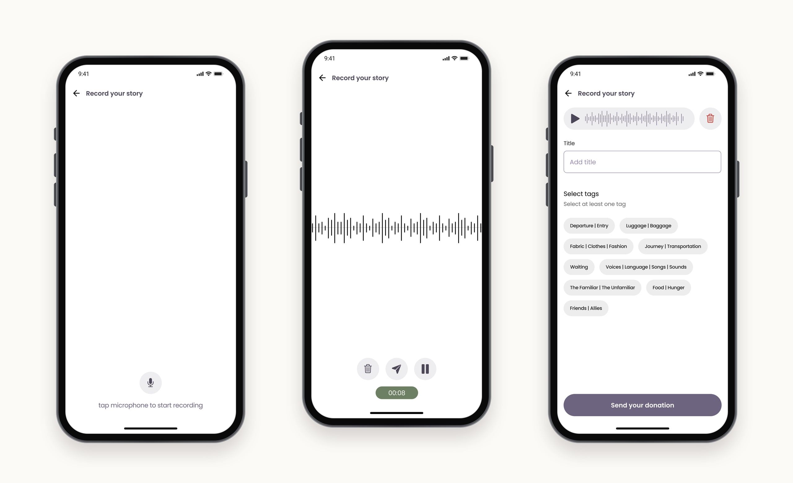 Three recording screens: an empty Record your story screen with a microphone button, a recording in progress with a waveform and controls, and the finished recording with a title field and tags.
