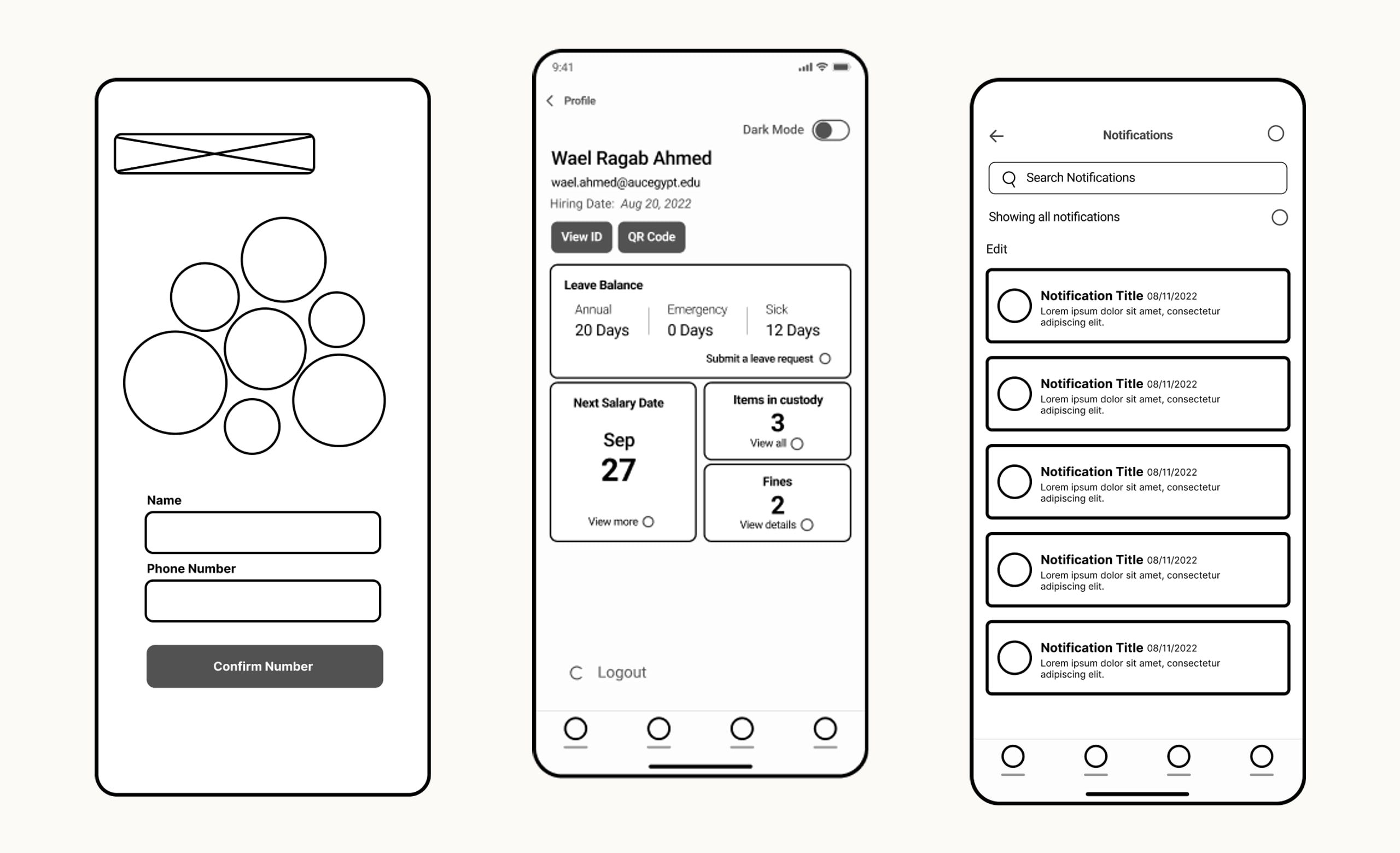Three greyscale MyAUC wireframes: a screen asking for a name and phone number with a Confirm Number button, a faculty and staff profile with leave balance, next salary date, items in custody and fines, and a searchable notifications list.