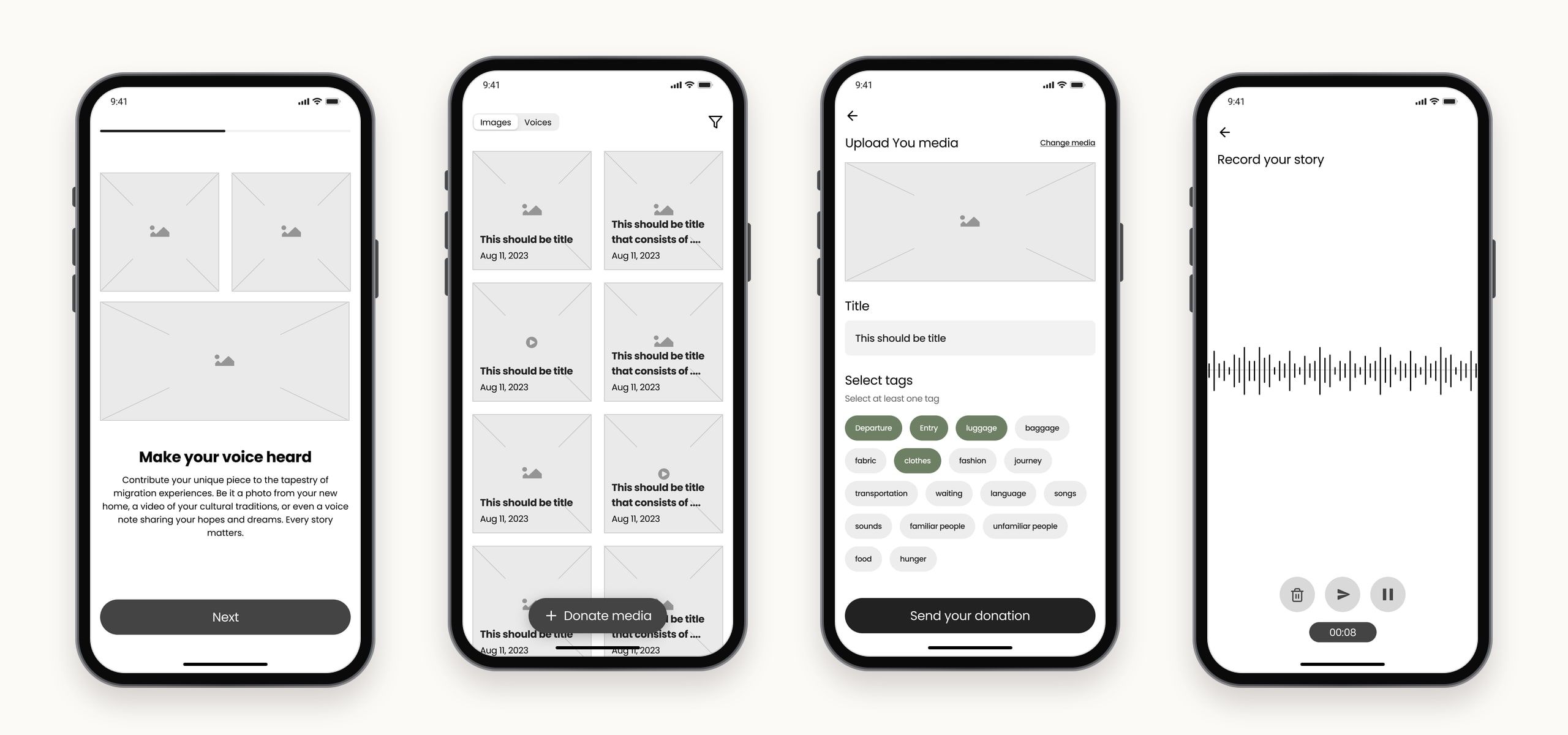 Four greyscale wireframes: an onboarding screen titled Make your voice heard, a gallery of image placeholders with a Donate media button, uploading media with a title and selected tags, and recording a story with a waveform and controls.