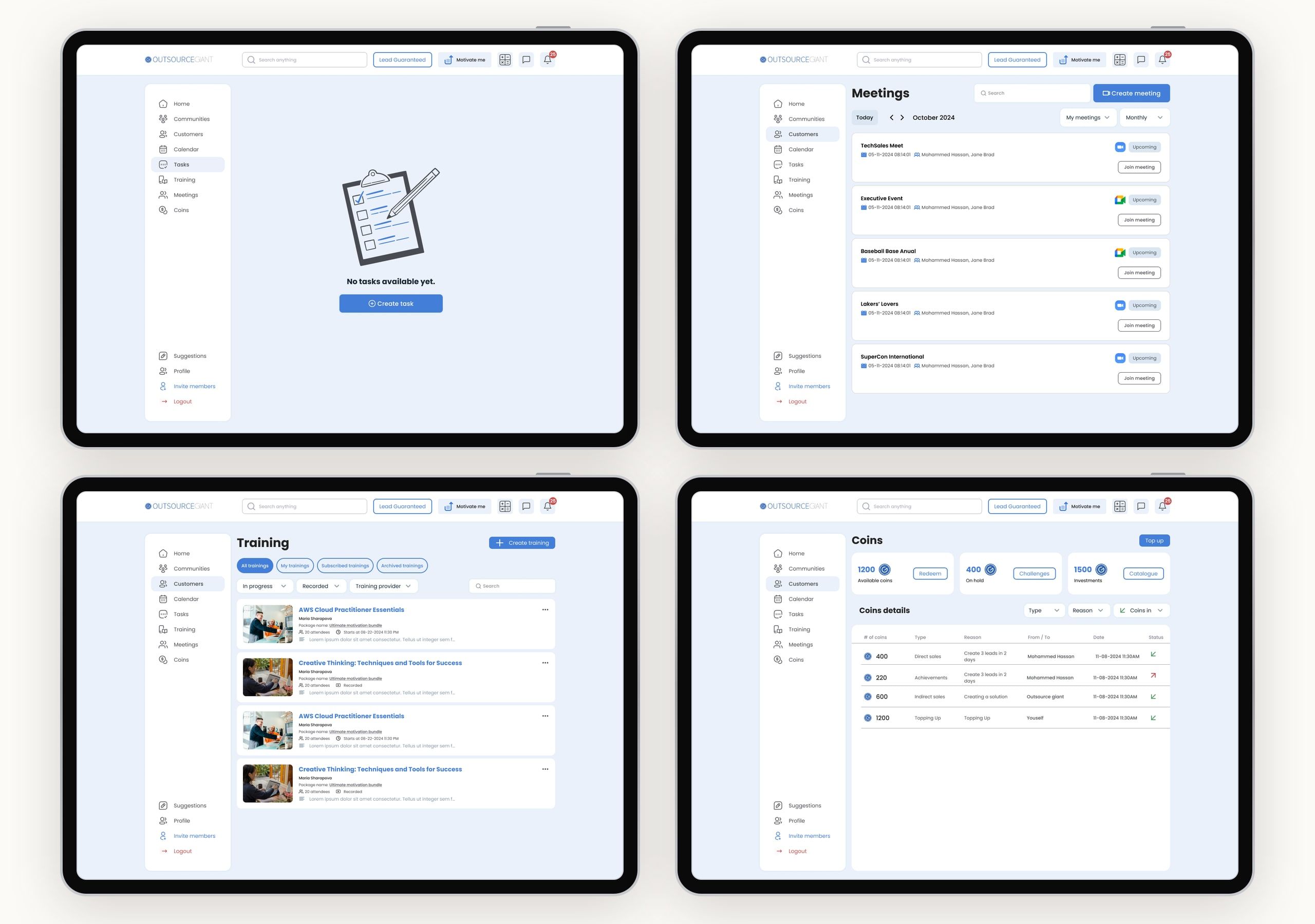 Four desktop screens in tablet frames: an empty tasks list with a create task button, the meetings list, the trainings library, and the coins history.
